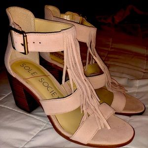 Sole Society block heel fringe sandals